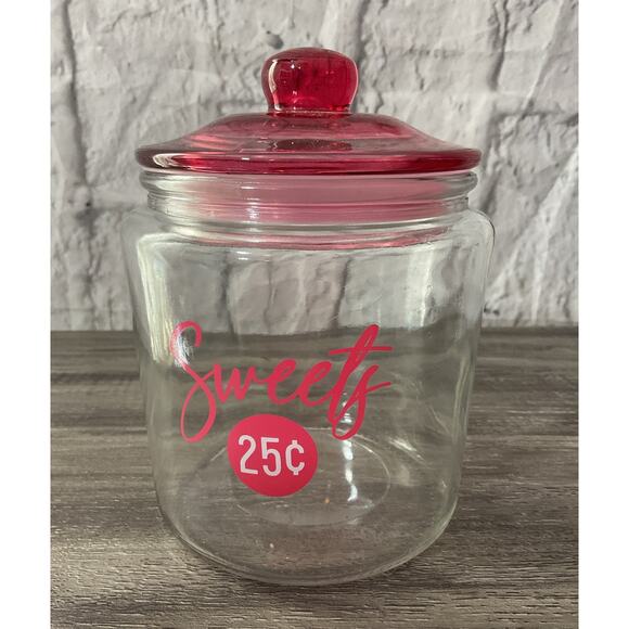 “Sweets” Candy Jar Clear with Fuchsia Pink Top - Picture 1 of 8